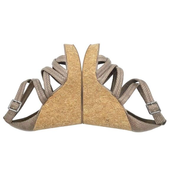 Tory Burch Taupe Reptile Embossed Leather Strappy Cork Wedge Sandals Size 10.5 - Picture 10 of 16